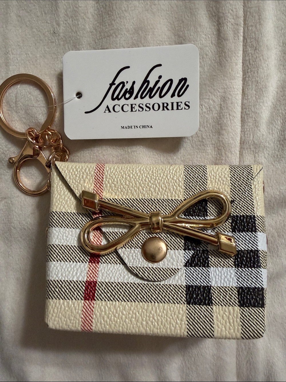 Cream Plaid Bow Card Holder Keychain (84)